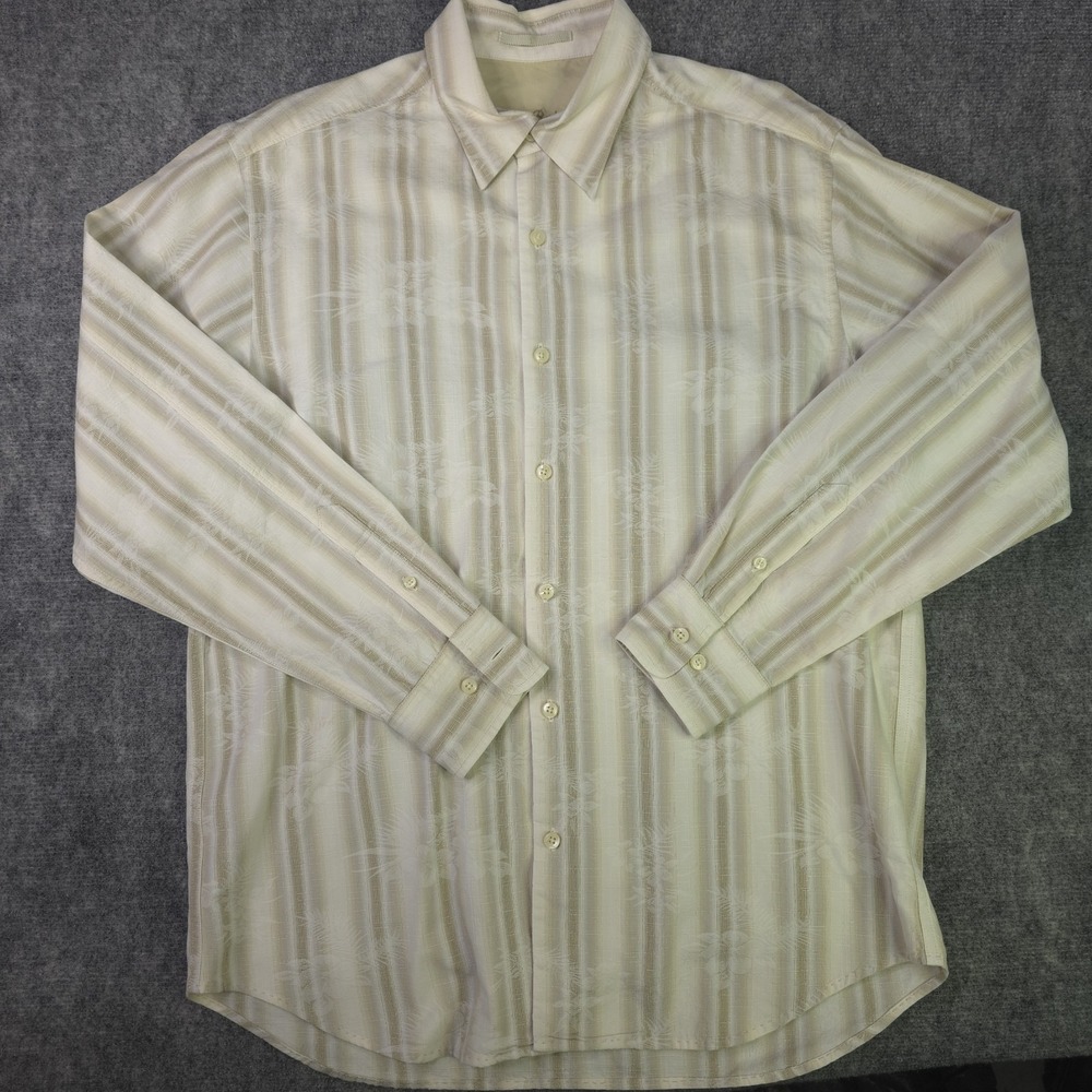 Tommy Bahama Shirt Medium Floral Striped Hawaiian Long Sleeve Button Silk Blend